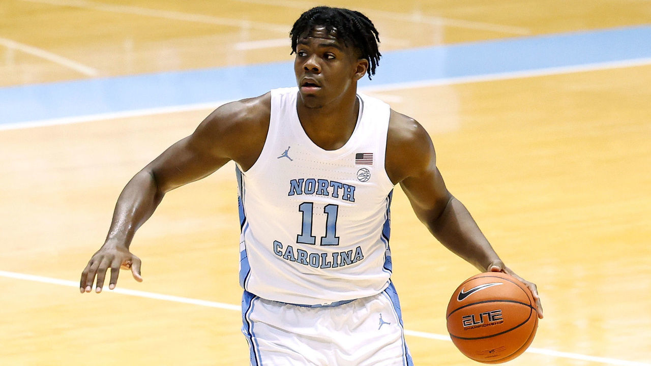 CHAPEL HILL, NORTH CAROLINA - FEBRUARY 17: Day'Ron Sharpe #11 of the North Carolina Tar Heels moves the ball against the Northeastern Huskies during their game at the Dean Smith Center on February 17, 2021 in Chapel Hill, North Carolina. North Carolina won 82-62.