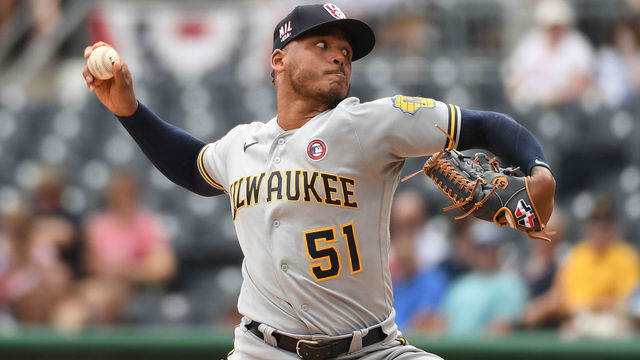 PITTSBURGH, PA - JULY 04: Freddy Peralta #51 of the Milwaukee Brewers delivers a pitch in the first inning during the game against the Pittsburgh Pirates at PNC Park on July 4, 2021 in Pittsburgh, Pennsylvania.