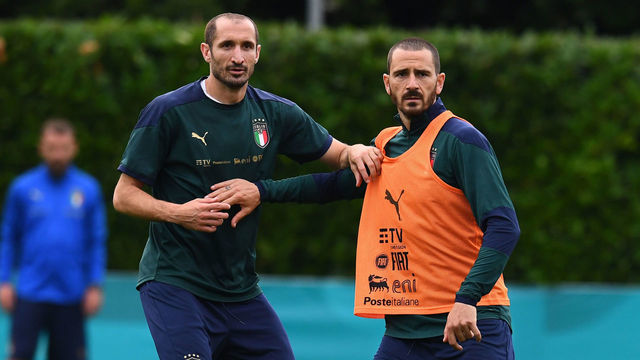 FLORENCE, ITALY - JUNE 08: Leonardo Bonucci and Giorgio Chiellini of Italy in action during a Italy training session at Centro Tecnico Federale di Coverciano on June 08, 2021 in Florence, Italy.