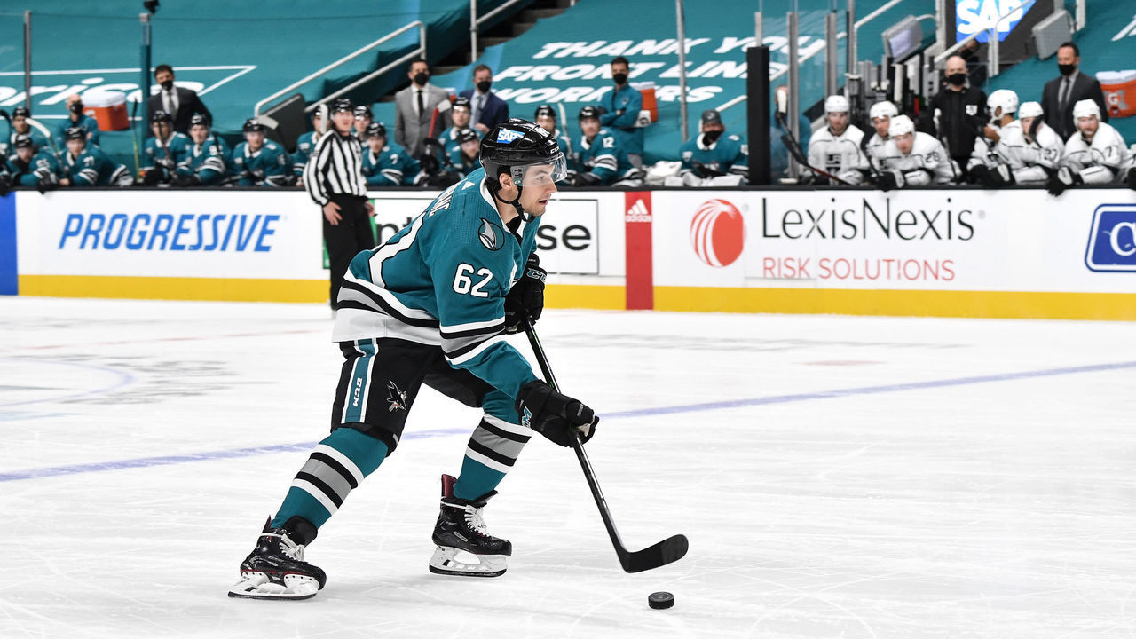 SAN JOSE, CA - APRIL 09: Kevin Labanc #62 of the San Jose Sharks skates with the puck against the Los Angeles Kings at SAP Center on April 9, 2021 in San Jose, California.