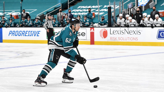 SAN JOSE, CA - APRIL 09: Kevin Labanc #62 of the San Jose Sharks skates with the puck against the Los Angeles Kings at SAP Center on April 9, 2021 in San Jose, California.