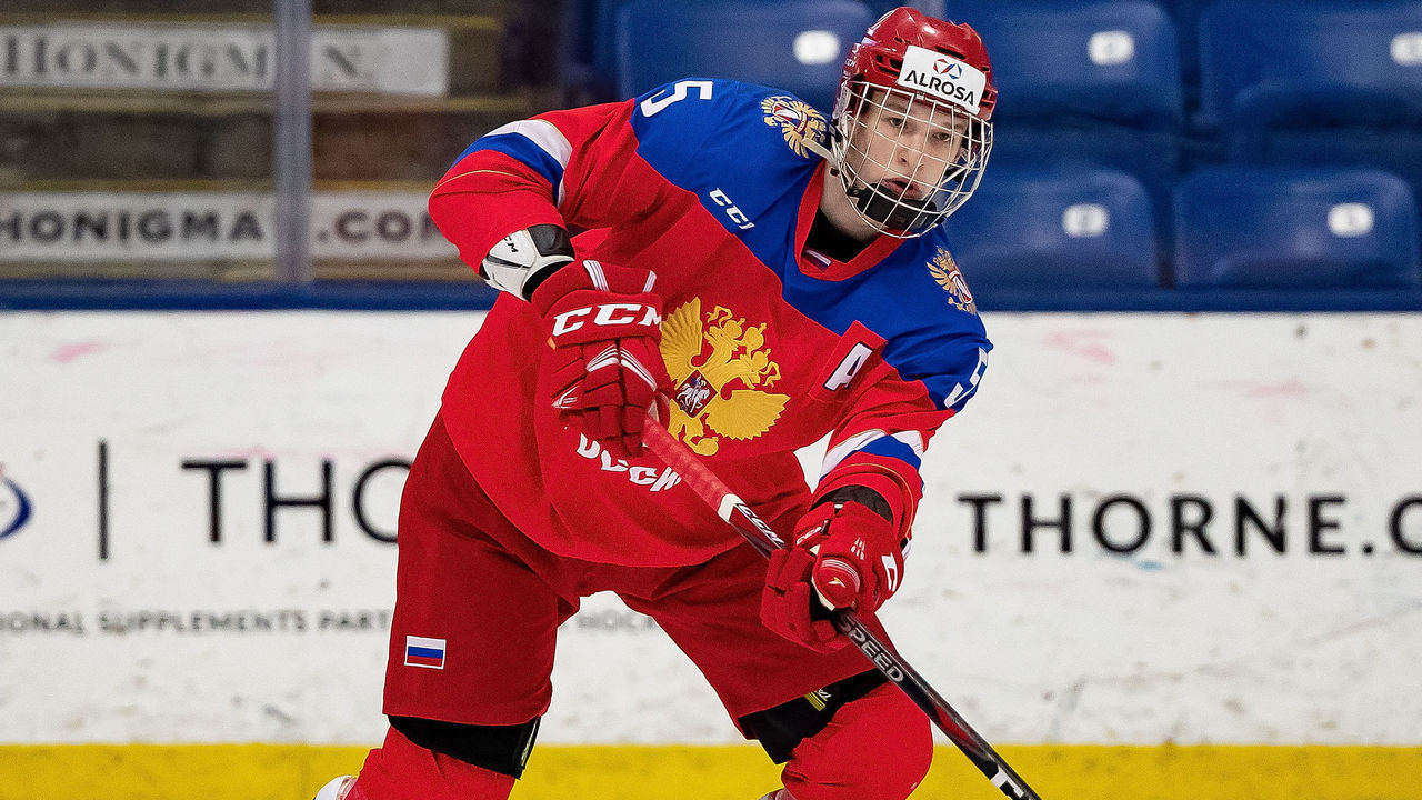 PLYMOUTH, MI - DECEMBER 12: Daniil Chayka #5 of the U17 Russian Nationals passes the puck against the Slovakia Nationals during day-2 of game one of the 2018 Under-17 Four Nations Tournament at USA Hockey Arena on December 12, 2018 in Plymouth, Michigan. Russia defeated Slovakia 6-1.