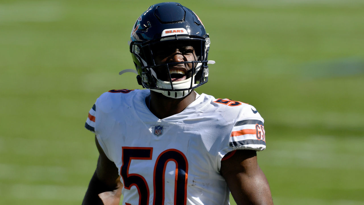 CHARLOTTE, NORTH CAROLINA - OCTOBER 18: Barkevious Mingo #50 of the Chicago Bears reacts in the third quarter against the Carolina Panthers at Bank of America Stadium on October 18, 2020 in Charlotte, North Carolina.