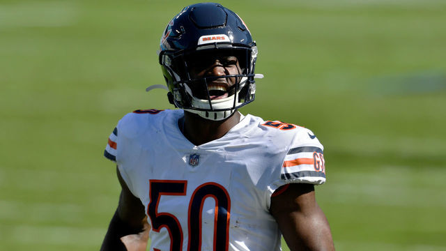 CHARLOTTE, NORTH CAROLINA - OCTOBER 18: Barkevious Mingo #50 of the Chicago Bears reacts in the third quarter against the Carolina Panthers at Bank of America Stadium on October 18, 2020 in Charlotte, North Carolina.