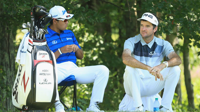 NORTON, MA - SEPTEMBER 03: Hideki Matsuyama of Japan and Bubba Watson of the United States wait on the fourth tee during the final round of the Dell Technologies Championship at TPC Boston on September 3, 2018 in Norton, Massachusetts.
