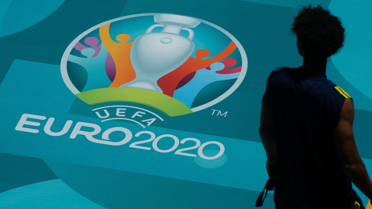 SEVILLA, SPAIN - JUNE 13: Emil Krafth looks to the Euro 2020 logo during the official training of Sweden at the La Cartuja stadium on June 13, 2021 in Sevilla, Spain.