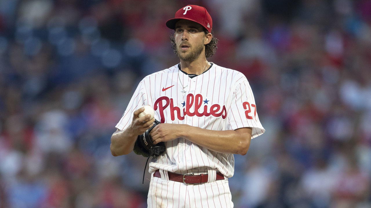 PHILADELPHIA, PA - JUNE 30: Aaron Nola #27 of the Philadelphia Phillies looks on against the Miami Marlins at Citizens Bank Park on June 30, 2021 in Philadelphia, Pennsylvania. The Marlins defeated the Phillies 11-6.