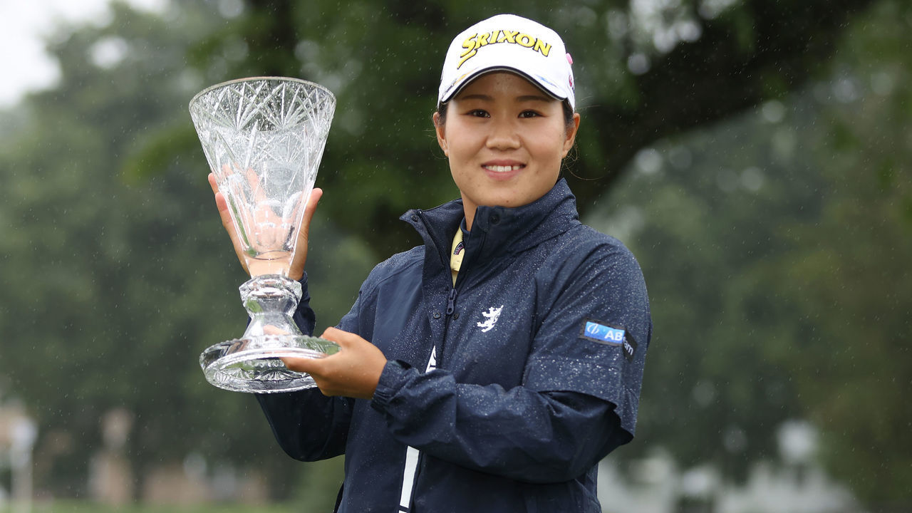 SYLVANIA, OHIO - JULY 11: Nasa Hataoka of Japan poses with the trophy after winning the Marathon LPGA Classic presented by Dana at Highland Meadows Golf Club on July 11, 2021 in Sylvania, Ohio. The final round was suspended due to weather at 9:40 am and did not resume. Hataoka was the winner based on her 54 hole score of -19.