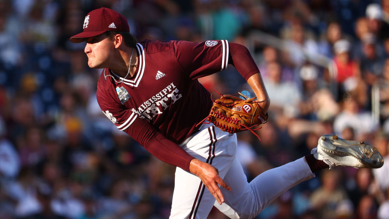 OMAHA, NE - JUNE 30: Will Bednar #24 of the Mississippi St. Bulldogs pitches against the Vanderbilt Commodores during the Division I Men's Baseball Championship held at TD Ameritrade Park Omaha on June 30, 2021 in Omaha, Nebraska.