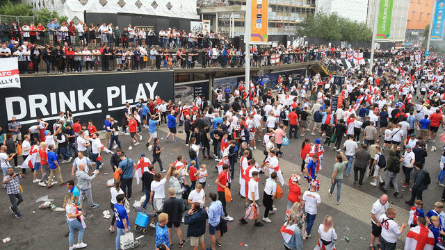 LONDON, ENGLAND - JULY 11: A general view of Wembley Way as thousands of fans mingle before the UEFA Euro 2020 Championship Final between Italy and England at Wembley Stadium on July 11, 2021 in London, United Kingdom.