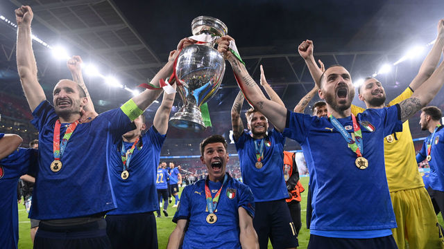 Italy's Giorgio Chiellini and Leonardo Bonucci celebrate with the trophy after winning the UEFA Euro 2020 Final at Wembley Stadium, London. Picture date: Sunday July 11, 2021.