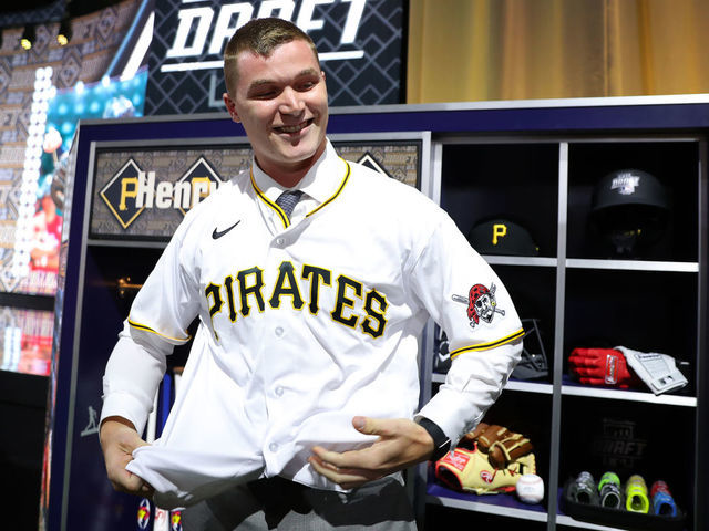 DENVER, CO - JULY 11: Catcher Henry Davis is selected first overall by the Pittsburgh Pirates in the first round during the 2021 Major League Baseball Draft at Bellco Theater at Colorado Convention Center on Sunday, July 11, 2021 in Denver, Colorado.