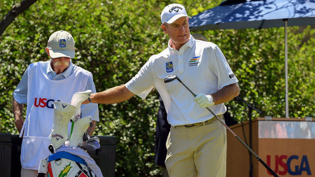 OMAHA, NEBRASKA - JULY 11: Jim Furyk prepares to play his shot from the first tee during the final round of the U.S. Senior Open Championship at the Omaha Country Club on July 11, 2021 in Omaha, Nebraska.
