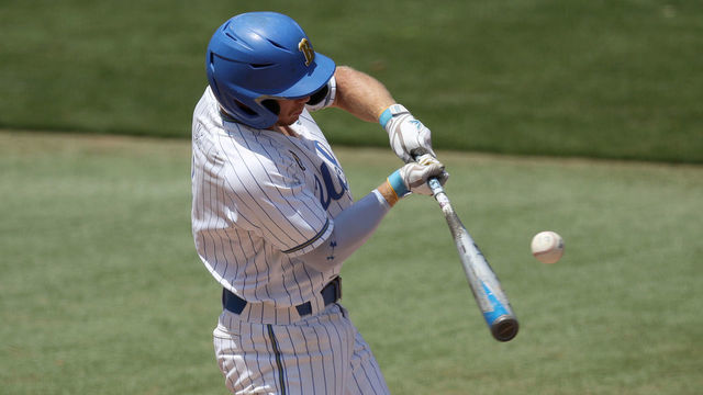 LOS ANGELES, CALIFORNIA - MAY 02: Matt McLain #1 of the UCLA Bruins at-bat against the Oregon State Beavers at Jackie Robinson Stadium on May 02, 2021 in Los Angeles, California.