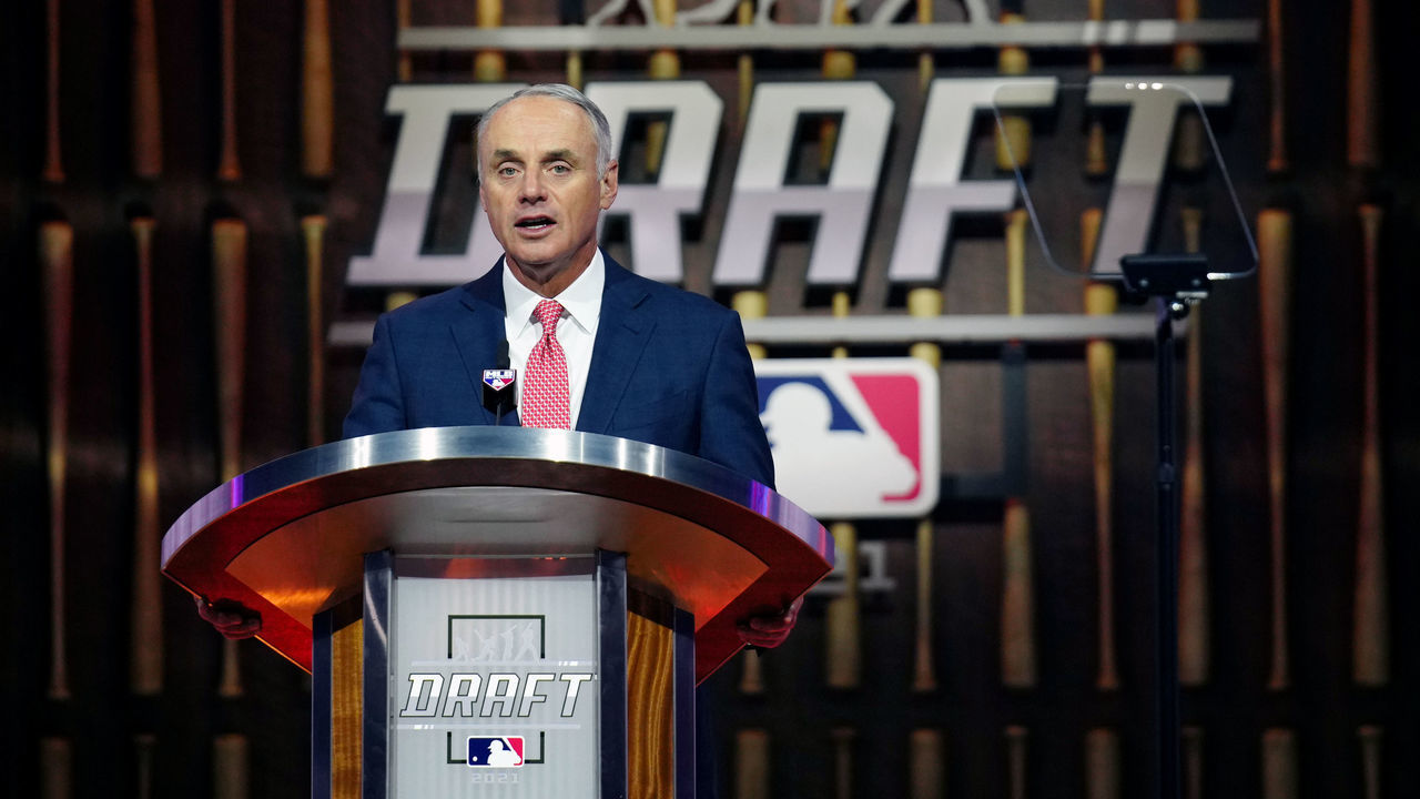 DENVER, CO - JULY 11: MLB Commissioner Rob Manfred announces the picks during the 2021 Major Leauge Baseball Draft at Bellco Theater at Colorado Convention Center on Sunday, July 11, 2021 in Denver, Colorado.