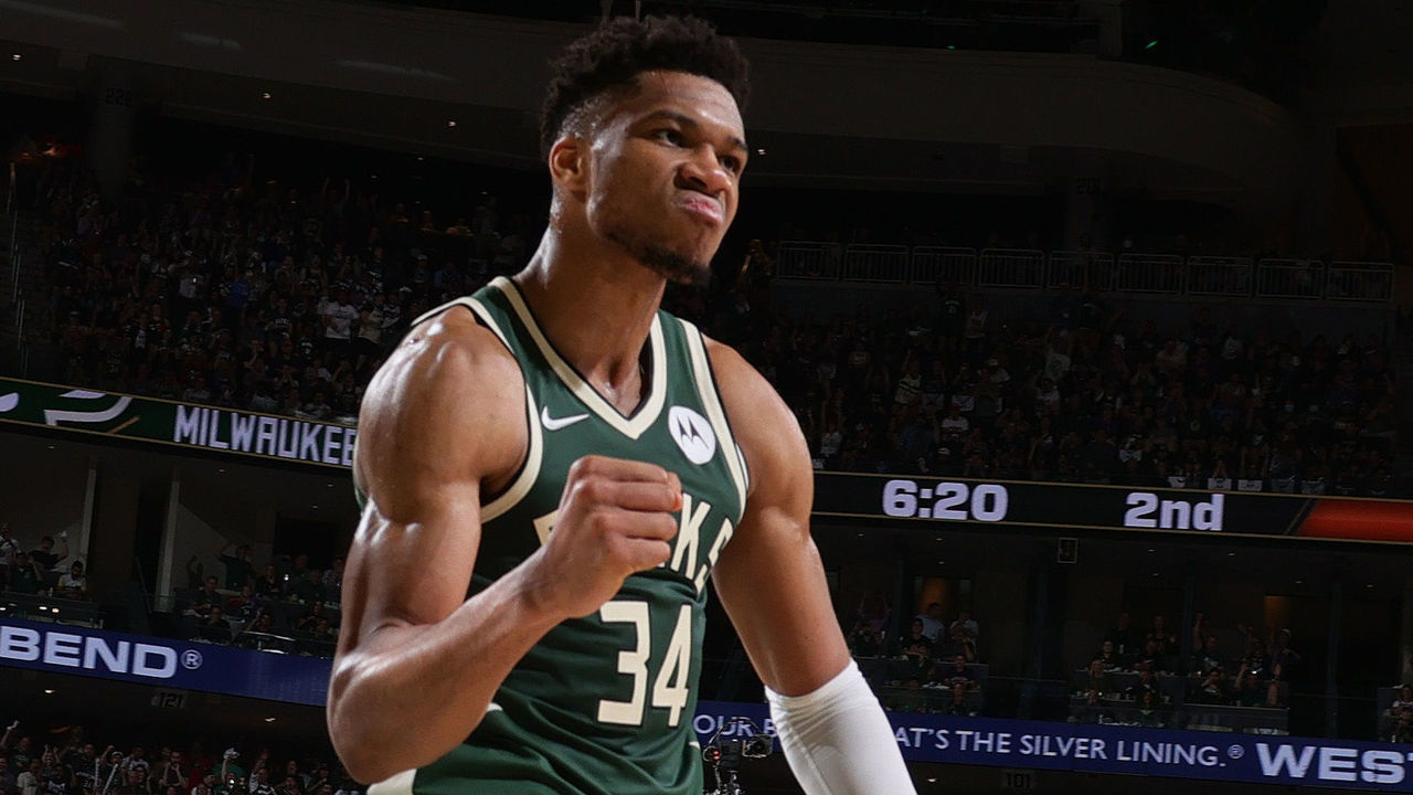 MILWAUKEE, WI - JULY 11: Giannis Antetokounmpo #34 of the Milwaukee Bucks celebrates during Game Three of the 2021 NBA Finals on July 11, 2021 at the Fiserv Forum Center in Milwaukee, Wisconsin. Mandatory Copyright Notice: Copyright 2021 NBAE .