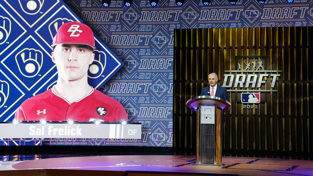 DENVER, CO - JULY 11: Major League Baseball Commissioner Robert D. Manfred, Jr. announces Sal Frelick as the fifteenth overall pick for the Milwaukee Brewers during the 2021 Major Leauge Baseball Draft at Bellco Theater at Colorado Convention Center on Sunday, July 11, 2021 in Denver, Colorado.