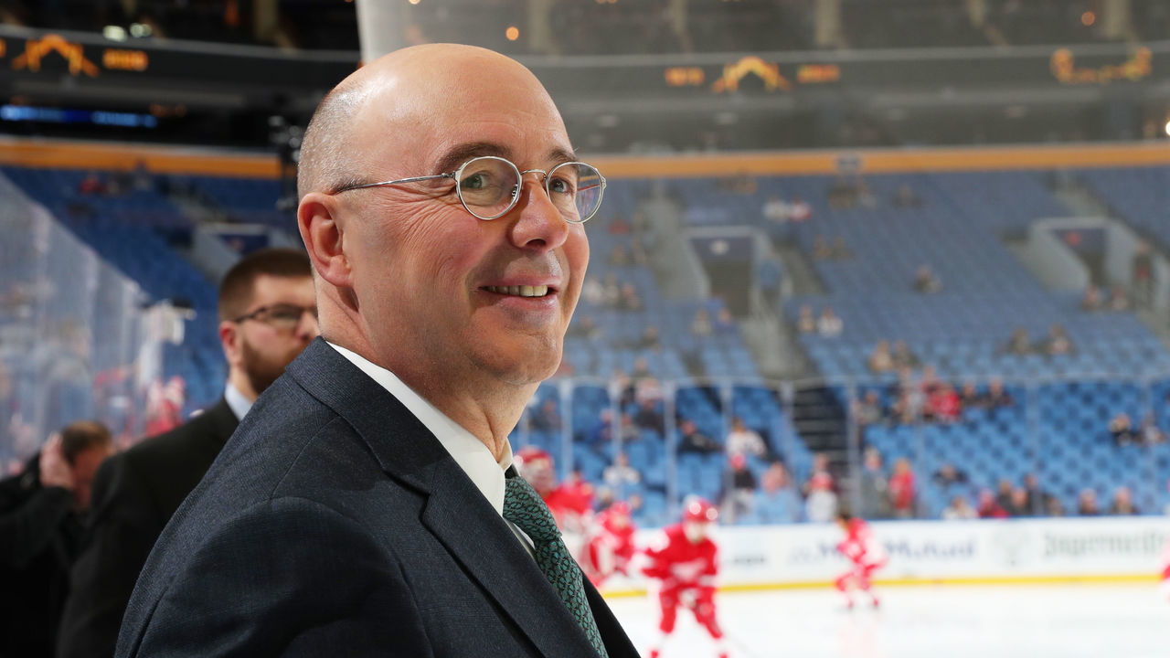 BUFFALO, NY - FEBRUARY 6: Broadcaster Pierre McGuire watches warmups before an NHL game between the Buffalo Sabres and the Detroit Red Wings on February 6, 2020 at KeyBank Center in Buffalo, New York.