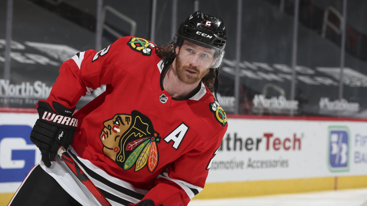 CHICAGO, ILLINOIS - MARCH 04: Duncan Keith #2 of the Chicago Blackhawks skates across the ice during warm-ups prior to a game against the Tampa Bay Lightning at the United Center on March 04, 2021 in Chicago, Illinois.
