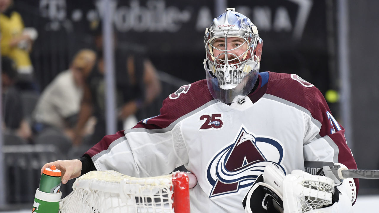 LAS VEGAS, NEVADA - JUNE 06: Philipp Grubauer #31 of the Colorado Avalanche returns to his net after a stoppage in play during the third period against the Vegas Golden Knights in Game Four of the Second Round of the 2021 Stanley Cup Playoffs at T-Mobile Arena on June 06, 2021 in Las Vegas, Nevada.