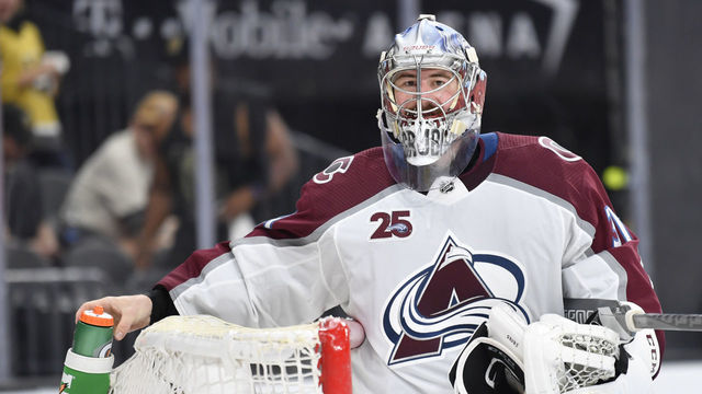 LAS VEGAS, NEVADA - JUNE 06: Philipp Grubauer #31 of the Colorado Avalanche returns to his net after a stoppage in play during the third period against the Vegas Golden Knights in Game Four of the Second Round of the 2021 Stanley Cup Playoffs at T-Mobile Arena on June 06, 2021 in Las Vegas, Nevada.