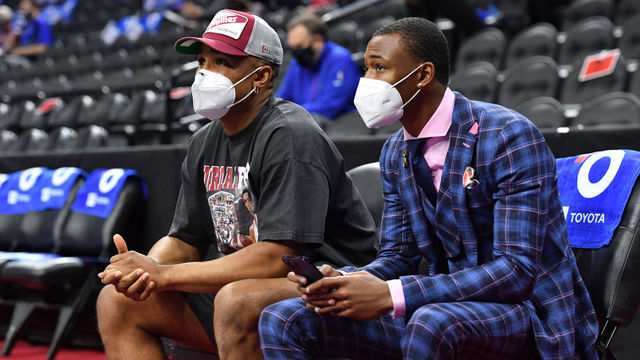 PHILADELPHIA, PA - APRIL 30: Jalen Hurts of the Philadelphia Eagles and Devonta Smith of the Philadelphia Eagles attend a game between the Atlanta Hawks and the Philadelphia 76ers on April 30, 2021 at Wells Fargo Center in Philadelphia, Pennsylvania. NOTE TO USER: User expressly acknowledges and agrees that, by downloading and/or using this Photograph, user is consenting to the terms and conditions of the Getty Images License Agreement. Mandatory Copyright Notice: Copyright 2021 NBAE