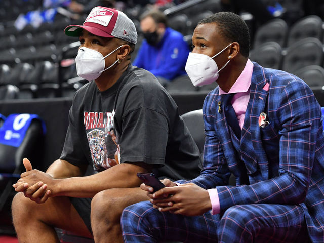 PHILADELPHIA, PA - APRIL 30: Jalen Hurts of the Philadelphia Eagles and Devonta Smith of the Philadelphia Eagles attend a game between the Atlanta Hawks and the Philadelphia 76ers on April 30, 2021 at Wells Fargo Center in Philadelphia, Pennsylvania. NOTE TO USER: User expressly acknowledges and agrees that, by downloading and/or using this Photograph, user is consenting to the terms and conditions of the Getty Images License Agreement. Mandatory Copyright Notice: Copyright 2021 NBAE