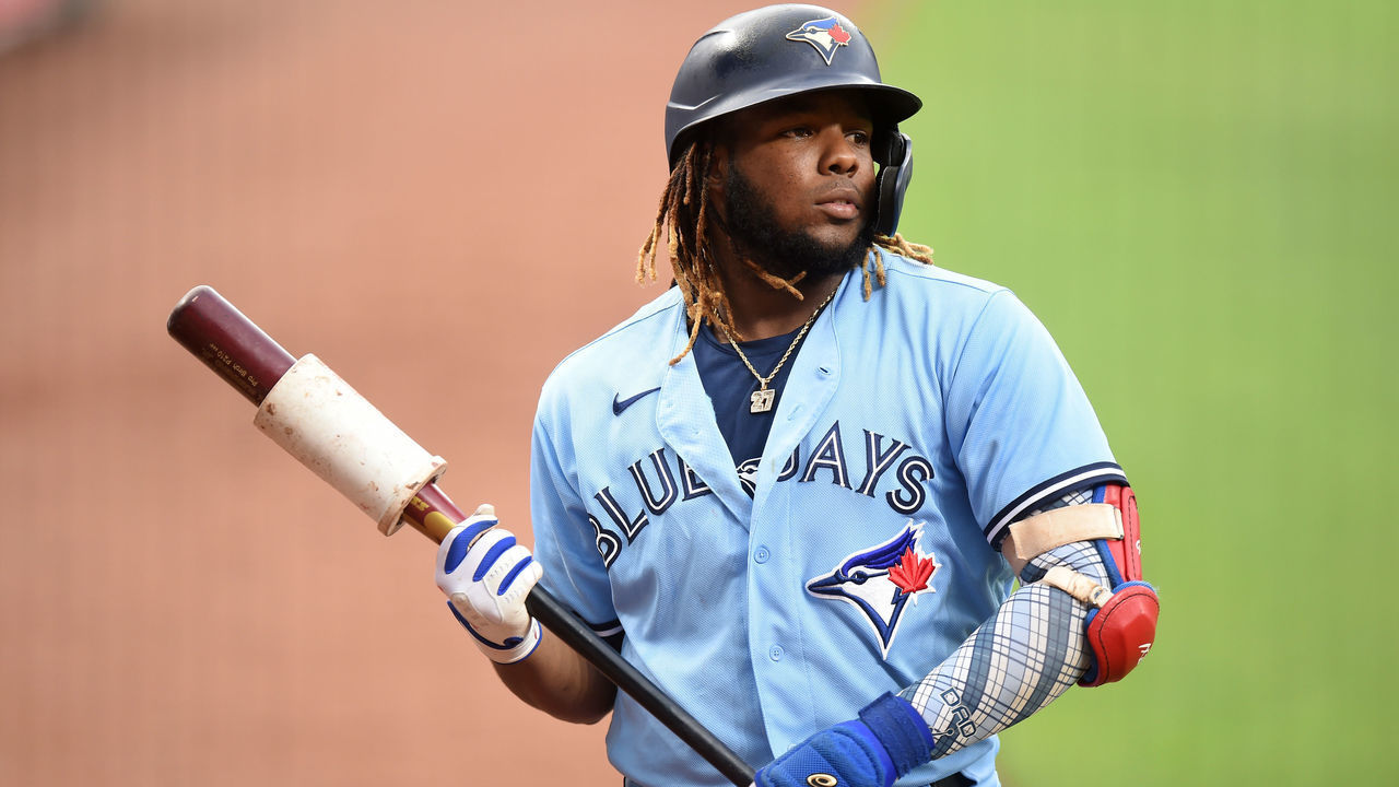 BALTIMORE, MARYLAND - JULY 07: Vladimir Guerrero Jr. #27 of the Toronto Blue Jays gets ready to bat against the Baltimore Orioles at Oriole Park at Camden Yards on July 07, 2021 in Baltimore, Maryland.