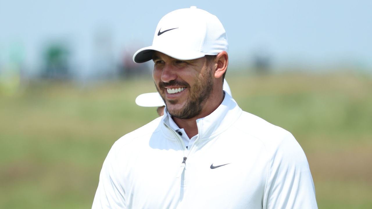 SANDWICH, ENGLAND - JULY 13: Brooks Koepka of The United States looks on during a practice round for The 149th Open at Royal St George’s Golf Club on July 13, 2021 in Sandwich, England.