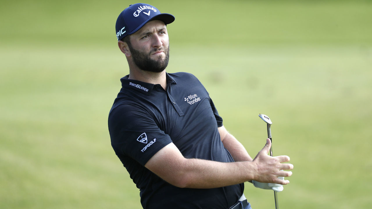 SANDWICH, ENGLAND - JULY 13: John Rahm of Spain on the 9th during during a practice round ahead of The 149th Open at Royal St George’s Golf Club on July 13, 2021 in Sandwich, England.