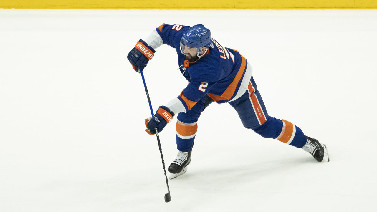 UNIONDALE, NY - JUNE 19: New York Islanders Defenseman Nick Leddy (2) takes a shot on goal during the second period of the National Hockey League Stanley Cup Playoff Semifinal game between the Tampa Bay Lightning and the New York Islanders on June 19, 2021, at the Nassau Veterans Memorial Coliseum in Uniondale, NY.
