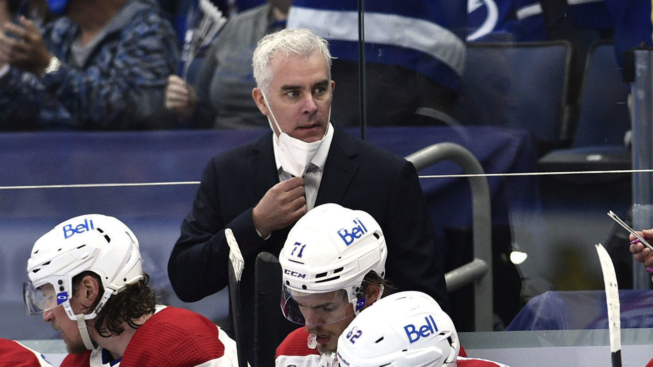 TAMPA, FLORIDA - JULY 07: Head coach Dominique Ducharme of the Montreal Canadiens looks on from the bench area during the second period of Game Five of the 2021 Stanley Cup Final between the Montreal Canadiens and the Tampa Bay Lightning at Amalie Arena on July 07, 2021 in Tampa, Florida.