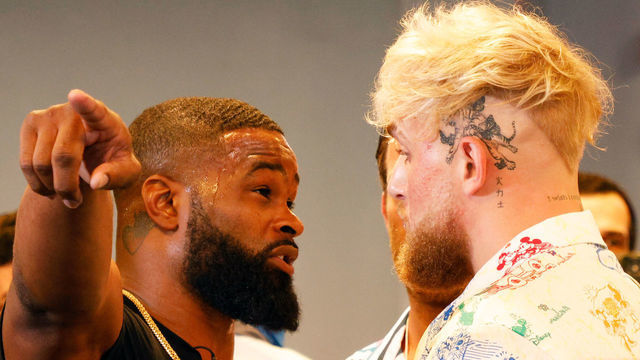 MIAMI, FLORIDA - JUNE 03: Jake Paul and Tyron Woodley take part in media availability at 5th St. Gym ahead of their August 28th boxing match on June 03, 2021 in Miami, Florida.