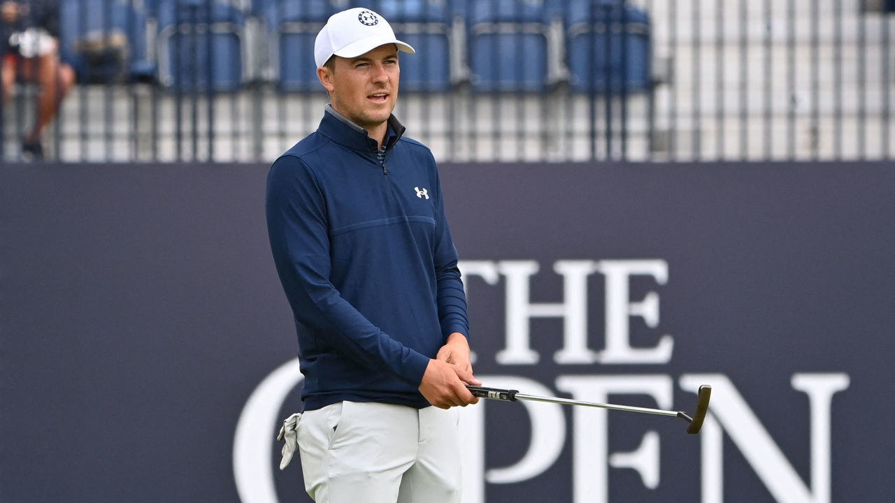 US golfer Jordan Spieth gestures on the 18th green during a practice round for The 149th British Open Golf Championship at Royal St George's, Sandwich in south-east England on July 13, 2021. - RESTRICTED TO EDITORIAL USE