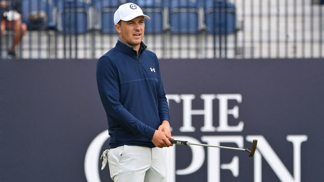 US golfer Jordan Spieth gestures on the 18th green during a practice round for The 149th British Open Golf Championship at Royal St George's, Sandwich in south-east England on July 13, 2021. - RESTRICTED TO EDITORIAL USE