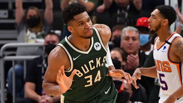 MILWAUKEE, WI - JULY 11: Giannis Antetokounmpo #34 of the Milwaukee Bucks reacts during Game Three of the 2021 NBA Finals on July 11, 2021 at Fiserv Forum in Milwaukee, Wisconsin. NOTE TO USER: User expressly acknowledges and agrees that, by downloading and/or using this Photograph, user is consenting to the terms and conditions of the Getty Images License Agreement. Mandatory Copyright Notice: Copyright 2021 NBAE