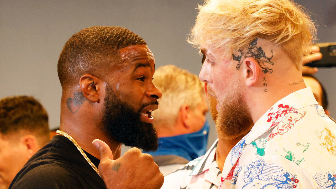 MIAMI, FLORIDA - JUNE 03: Jake Paul and Tyron Woodley take part in media availability at 5th St. Gym ahead of their August 28th boxing match on June 03, 2021 in Miami, Florida.