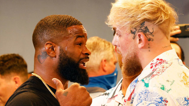 MIAMI, FLORIDA - JUNE 03: Jake Paul and Tyron Woodley take part in media availability at 5th St. Gym ahead of their August 28th boxing match on June 03, 2021 in Miami, Florida.