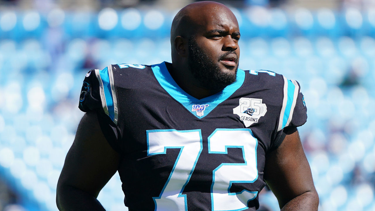 CHARLOTTE, NORTH CAROLINA - NOVEMBER 03: Taylor Moton #72 of the Carolina Panthers before their game against the Tennessee Titans at Bank of America Stadium on November 03, 2019 in Charlotte, North Carolina.