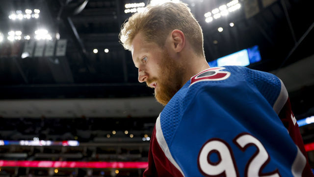 DENVER, CO - MAY 17: Gabriel Landeskog #92 of the Colorado Avalanche warms up prior to Game One of the First Round of the 2021 Stanley Cup Playoffs against the St Louis Blues at Ball Arena on May 17, 2021 in Denver, Colorado.