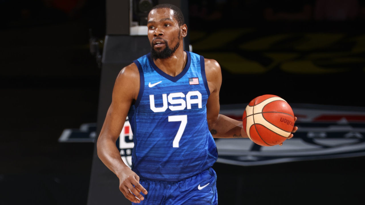 LAS VEGAS, NV - JULY 13: Kevin Durant #7 of the USA Men's National Team dribbles the ball during the game against the Argentina Men's National Team on July 13, 2021 at Michelob ULTRA Arena in Las Vegas, Nevada.