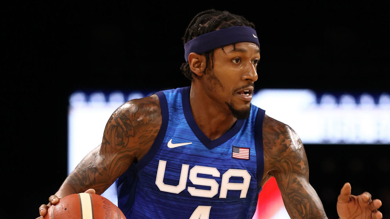 LAS VEGAS, NV - JULY 13: Bradley Beal #4 of the USA Men's National Team dribbles the ball during the game against the Argentina Men's National Team on July 13, 2021 at Michelob ULTRA Arena in Las Vegas, Nevada.