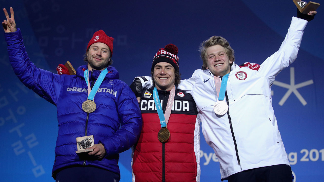 PYEONGCHANG-GUN, SOUTH KOREA - FEBRUARY 24: (L-R) Bronze medal winner Billy Morgan of Great Britain, gold medal winner Sebastien Toutant of Canada and Silver medal winner Kyle Mack of the United States celebrate during the medal ceremony for Snowboard Men's Big Air on day fifteen of the PyeongChang 2018 Winter Olympic Games at Medal Plaza on February 24, 2018 in Pyeongchang-gun, South Korea.