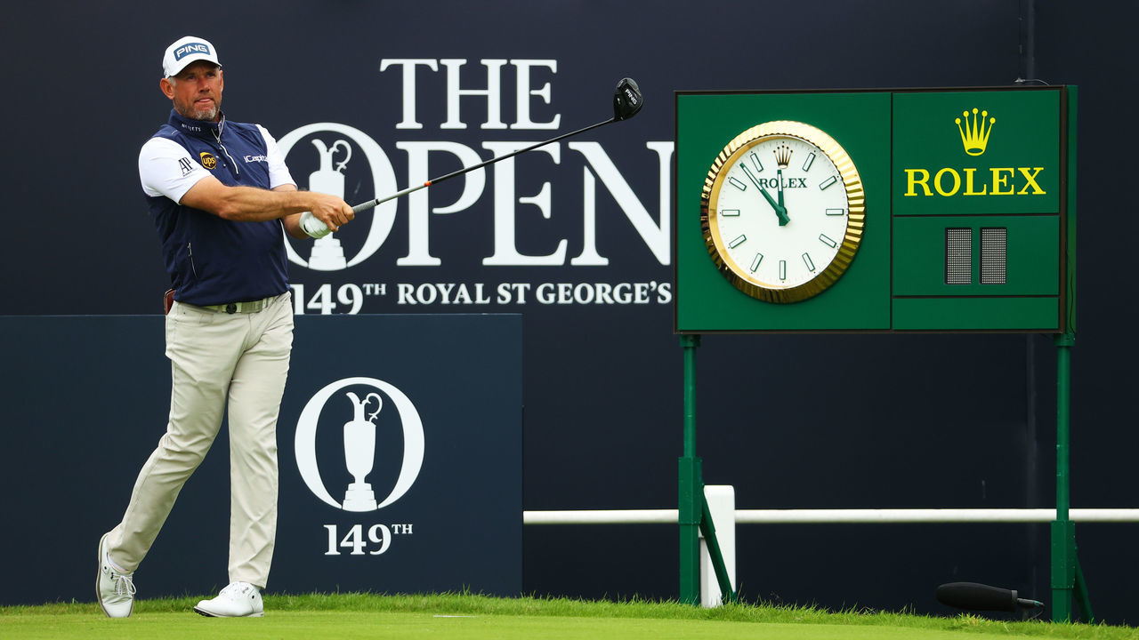 SANDWICH, ENGLAND - JULY 14: Lee Westwood of England plays his shot from the first tee during a practice round ahead of The 149th Open at Royal St George’s Golf Club on July 14, 2021 in Sandwich, England.