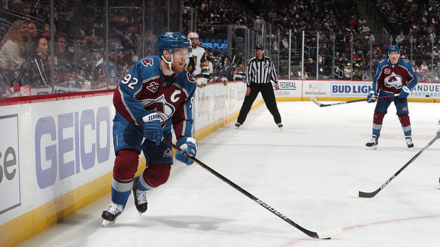 DENVER, COLORADO - MAY 30: Gabriel Landeskog #92 of the Colorado Avalanche skates against the Vegas Golden Knights in Game One of the Second Round of the 2021 Stanley Cup Playoffs at Ball Arena on May 30, 2021 in Denver, Colorado. The Avalanche defeated the Golden Knights 7-1.