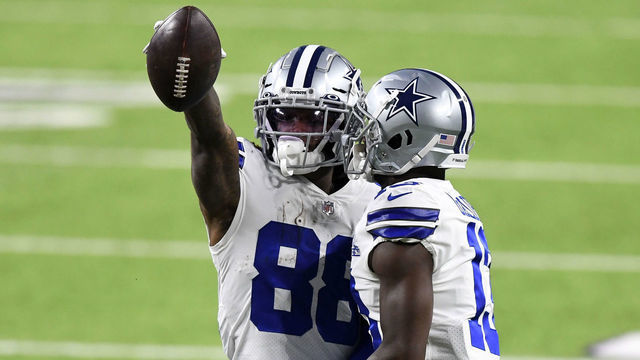 MINNEAPOLIS, MINNESOTA - NOVEMBER 22: CeeDee Lamb #88 of the Dallas Cowboys celebrates with teammate Michael Gallup #13 following a touchdown reception during their game against the Minnesota Vikings at U.S. Bank Stadium on November 22, 2020 in Minneapolis, Minnesota.