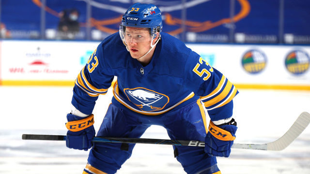 BUFFALO, NY - APRIL 18: Jeff Skinner #53 of the Buffalo Sabres prepares for a faceoff against the Pittsburgh Penguins during an NHL game on April 18, 2021 at KeyBank Center in Buffalo, New York.