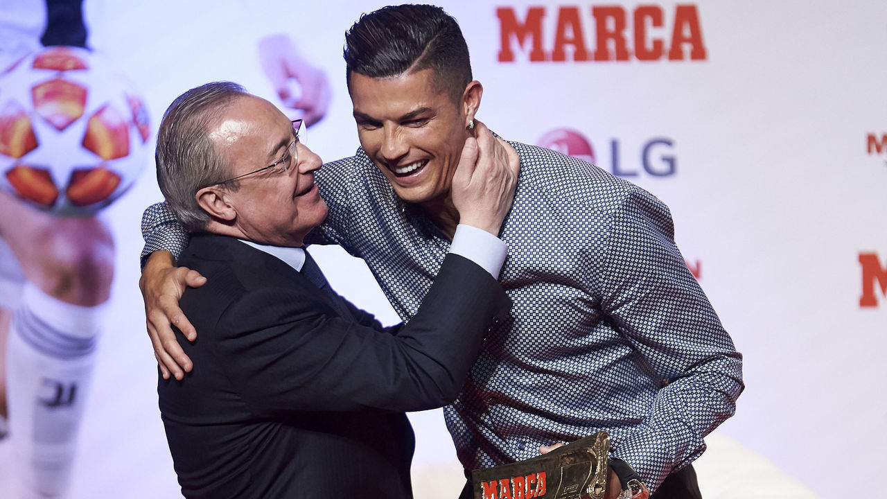MADRID, SPAIN - JULY 29: Real Madrid president, Florentino Perez (L) and Cristiano Ronaldo during act of 'Marca Leyenda' Award on July 29, 2019 in Madrid, Spain.