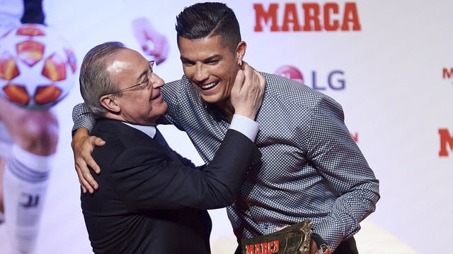 MADRID, SPAIN - JULY 29: Real Madrid president, Florentino Perez (L) and Cristiano Ronaldo during act of 'Marca Leyenda' Award on July 29, 2019 in Madrid, Spain.