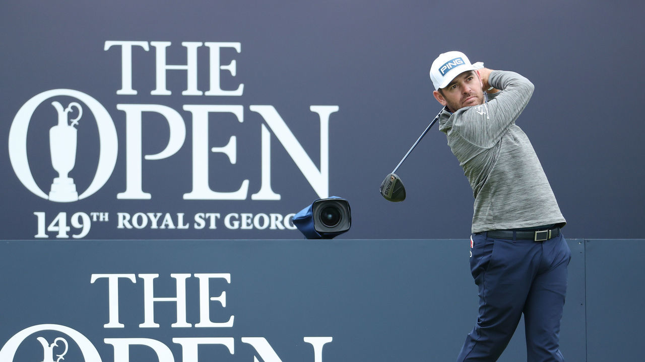 SANDWICH, ENGLAND - JULY 14: Louis Oosthuizen of South Africa tees off on the 1st hole during a practice round for The 149th Open at Royal St George’s Golf Club on July 14, 2021 in Sandwich, England.